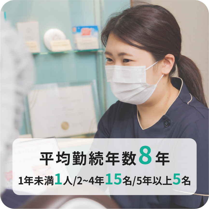 平均勤続年数8日 1年未満1人 2～4年15名 5年以上5名